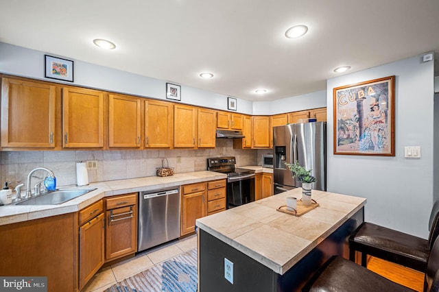 4037 Mitchell St, Philadelphia, PA 19128 - kitchen featuring decorative backsplash, a kitchen bar, under cabinet range hood, a sink, and appliances with stainless steel finishes