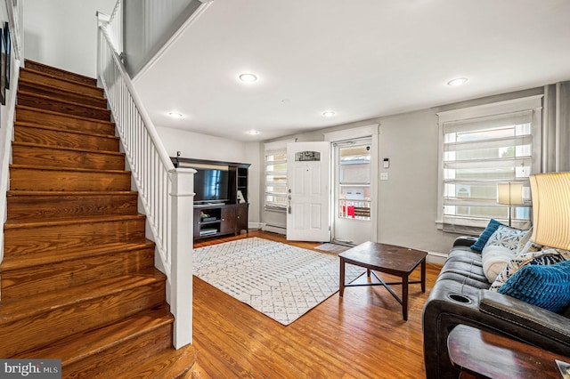 4037 Mitchell St, Philadelphia, PA 19128 - living area with recessed lighting, baseboards, stairs, and wood finished floors