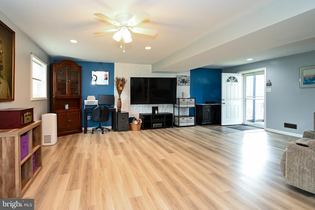 living room with recessed lighting, ceiling fan, and wood finished floors