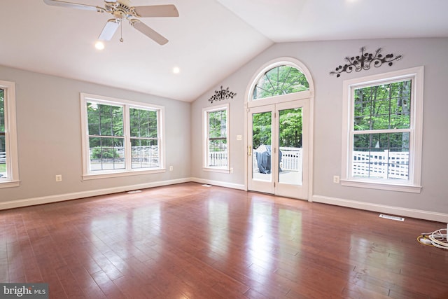 9190 Balsam Run, Bel Alton, MD 20611 - empty room with wood finished floors, a ceiling fan, visible vents, baseboards, and vaulted ceiling