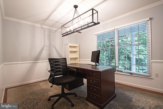 9190 Balsam Run, Bel Alton, MD 20611 - office space with crown molding, baseboards, and a notable chandelier