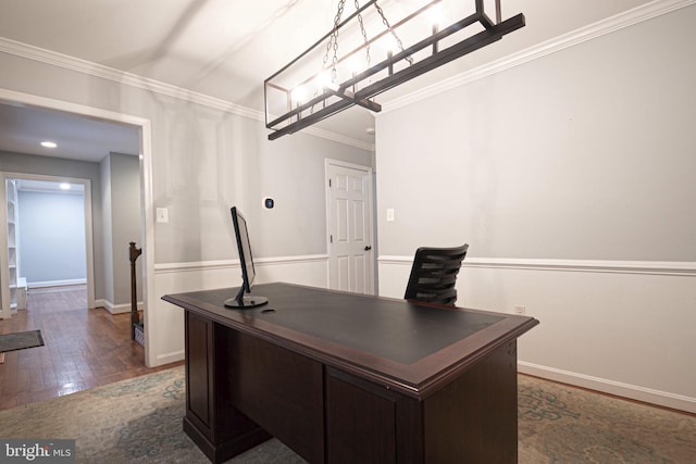 9190 Balsam Run, Bel Alton, MD 20611 - office area featuring crown molding, wood-type flooring, and baseboards