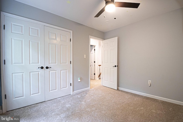 9190 Balsam Run, Bel Alton, MD 20611 - unfurnished bedroom with a closet, light carpet, baseboards, and ceiling fan