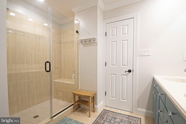 9190 Balsam Run, Bel Alton, MD 20611 - bathroom with vanity, ornamental molding, baseboards, and a shower stall