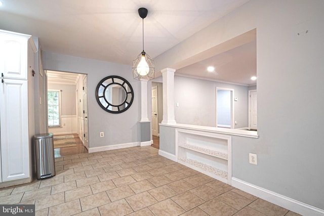 9190 Balsam Run, Bel Alton, MD 20611 - unfurnished dining area featuring light tile patterned floors, baseboards, recessed lighting, and decorative columns