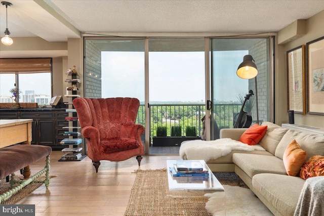 living room with expansive windows and wood finished floors