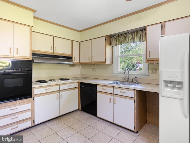 kitchen featuring a sink, ornamental molding, black appliances, under cabinet range hood, and light countertops