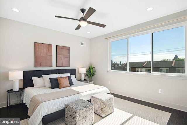 670 N 13th St, Philadelphia, PA 19123 - bedroom featuring dark wood-style flooring, baseboards, recessed lighting, and a ceiling fan