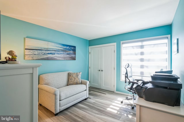 office with light wood-type flooring and baseboards
