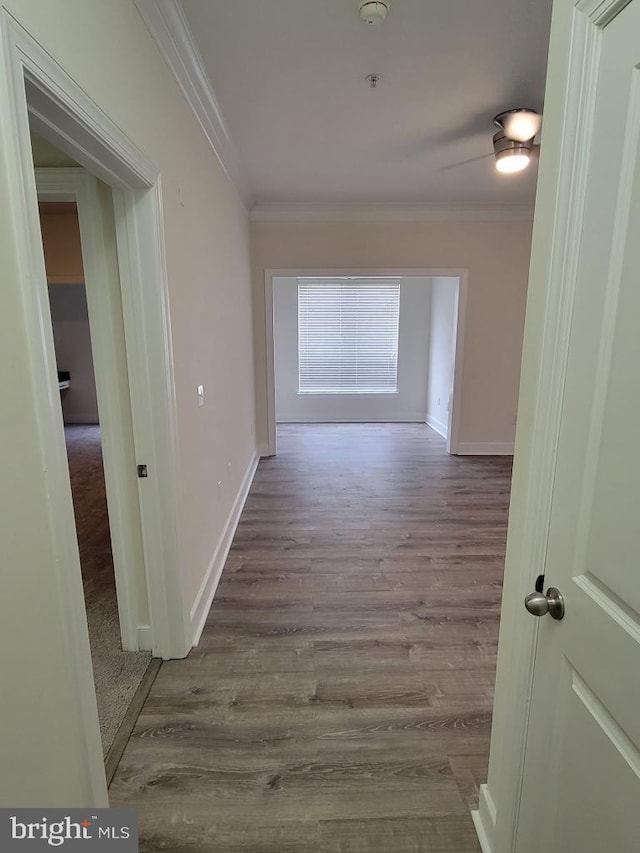 corridor featuring baseboards, ornamental molding, and wood finished floors