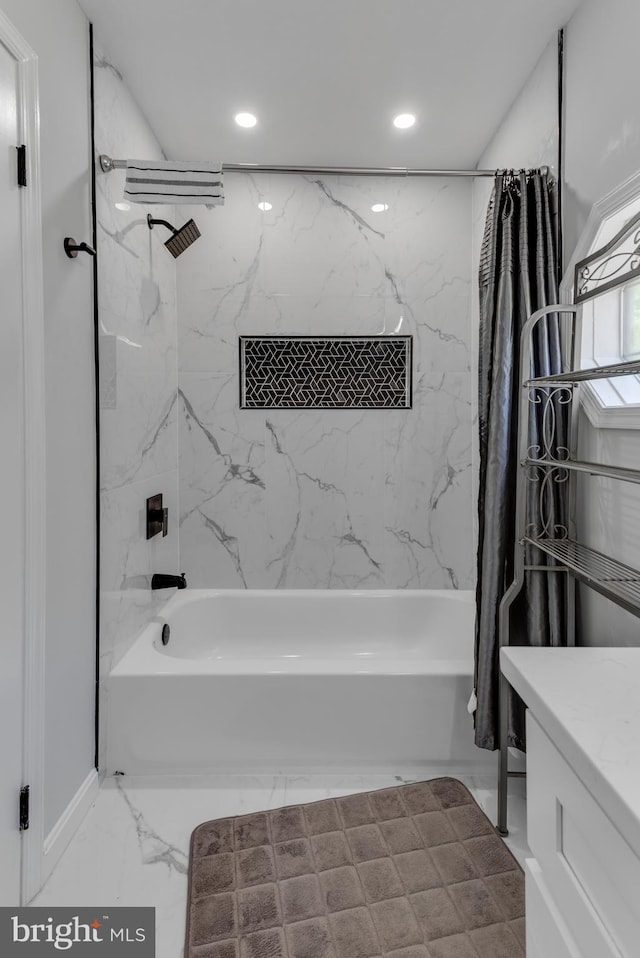 full bathroom with shower / bath combination with curtain, recessed lighting, marble finish flooring, and vanity