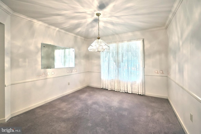 unfurnished dining area with baseboards, ornamental molding, and dark colored carpet