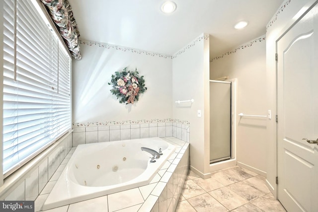 full bath featuring a tub with jets, recessed lighting, and a stall shower