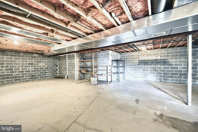 unfinished below grade area featuring visible vents and concrete block wall