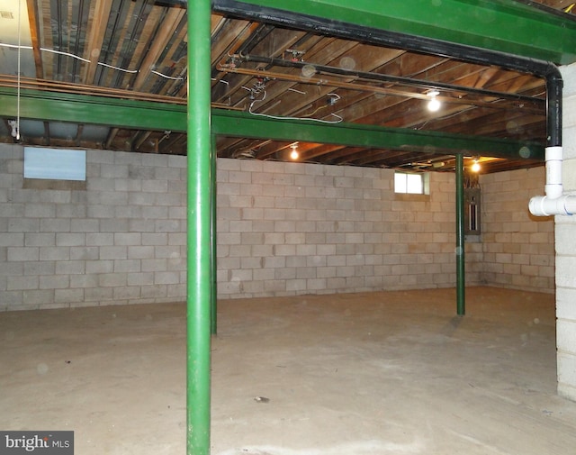 unfinished basement featuring electric panel