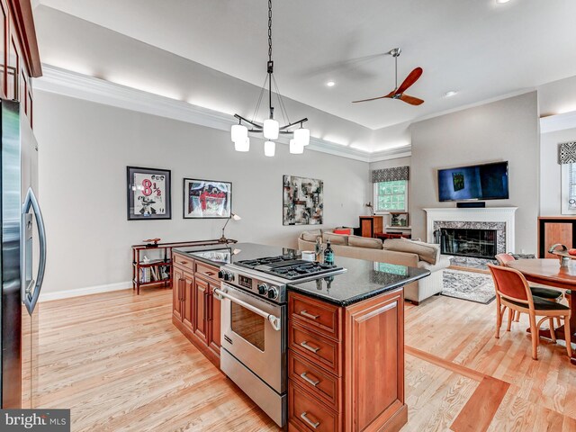 26 Bellchase Ct Unit B, Pikesville, MD 21208 - kitchen with appliances with stainless steel finishes, light wood finished floors, a premium fireplace, brown cabinets, and recessed lighting
