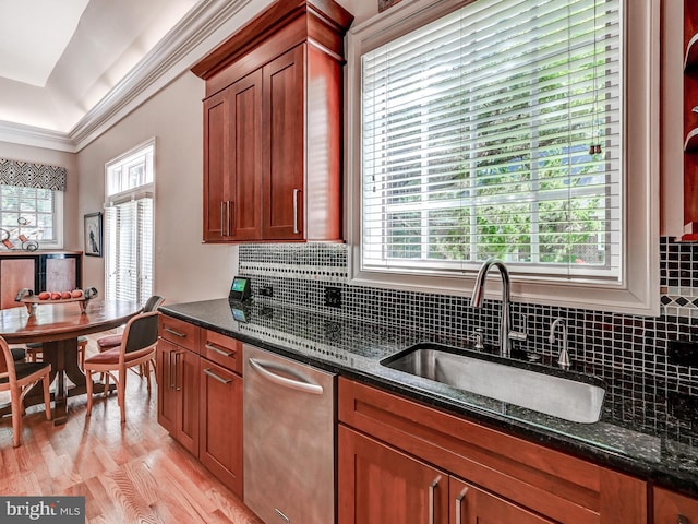 26 Bellchase Ct Unit B, Pikesville, MD 21208 - kitchen featuring a sink, stainless steel dishwasher, dark stone countertops, light wood-style floors, and ornamental molding