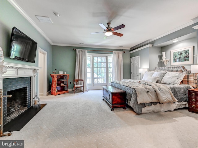 26 Bellchase Ct Unit B, Pikesville, MD 21208 - carpeted bedroom with ornamental molding, a fireplace with flush hearth, a ceiling fan, and baseboards
