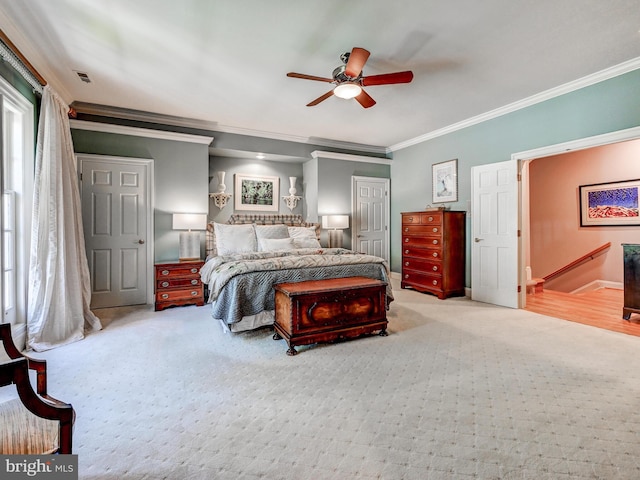26 Bellchase Ct Unit B, Pikesville, MD 21208 - bedroom featuring ornamental molding, a ceiling fan, baseboards, and carpet floors