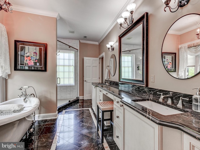 26 Bellchase Ct Unit B, Pikesville, MD 21208 - full bath featuring a shower stall, marble tiled floors, baseboards, double vanity, and crown molding
