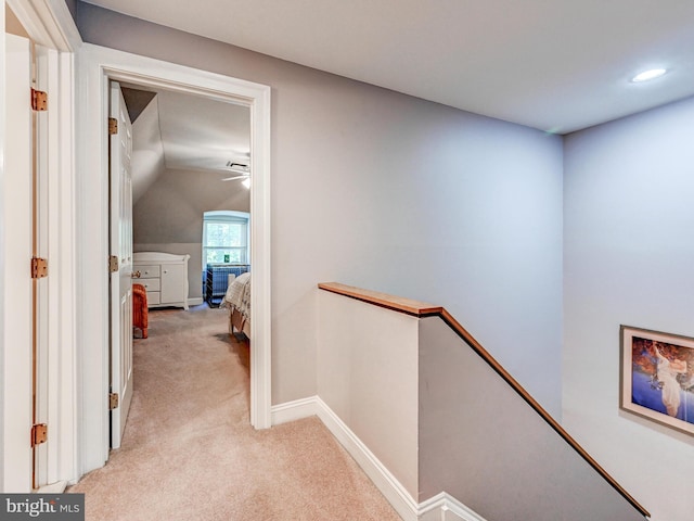 26 Bellchase Ct Unit B, Pikesville, MD 21208 - corridor with an upstairs landing, light carpet, vaulted ceiling, recessed lighting, and baseboards