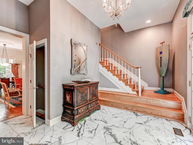 26 Bellchase Ct Unit B, Pikesville, MD 21208 - foyer featuring marble look tiles, a chandelier, baseboards, stairway, and recessed lighting