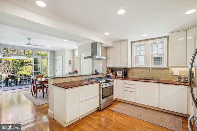 kitchen with modern cabinets, a sink, a peninsula, ventilation hood, and stainless steel range with gas stovetop
