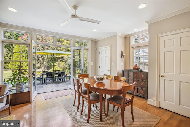dining area featuring a ceiling fan, ornamental molding, and recessed lighting