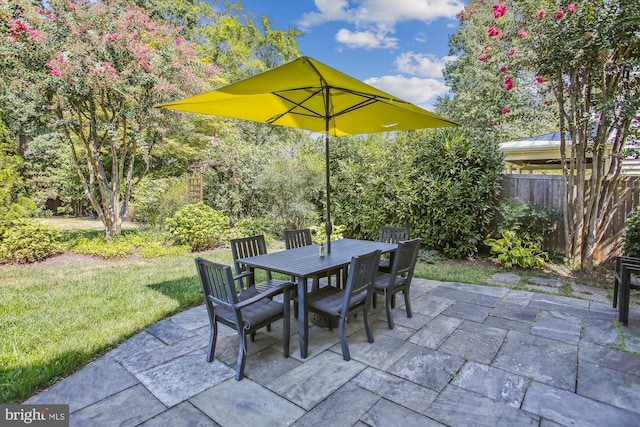 view of patio with outdoor dining space and fence
