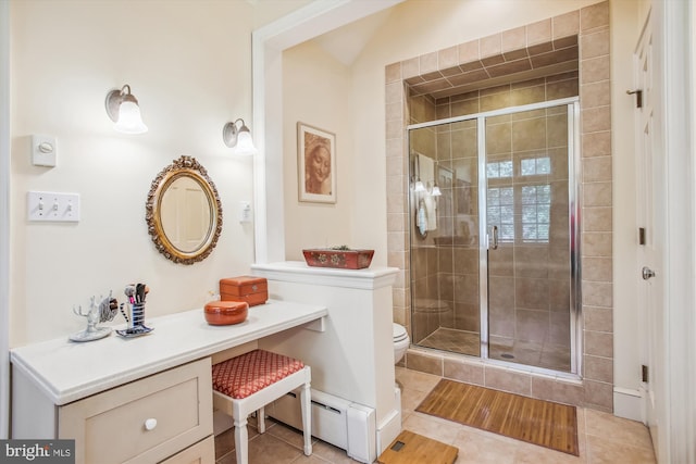 full bath featuring tile patterned flooring, toilet, and a shower stall