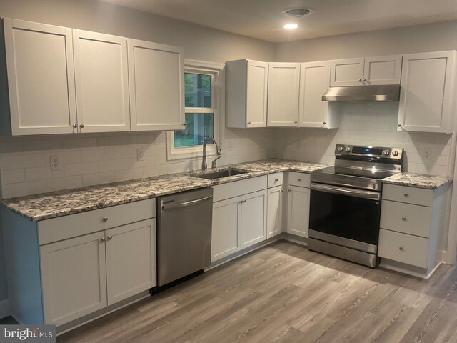 54 Bryan Dr, Rehoboth Beach, DE 19971 - kitchen with a sink, stainless steel appliances, under cabinet range hood, decorative backsplash, and light stone countertops