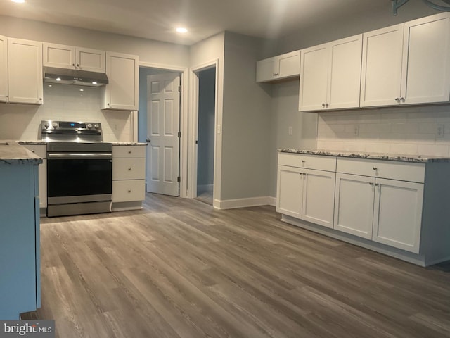 54 Bryan Dr, Rehoboth Beach, DE 19971 - kitchen featuring tasteful backsplash, stainless steel range with electric stovetop, recessed lighting, under cabinet range hood, and white cabinetry