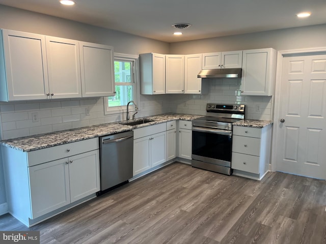 54 Bryan Dr, Rehoboth Beach, DE 19971 - kitchen with stainless steel appliances, under cabinet range hood, a sink, light stone counters, and dark wood-style floors