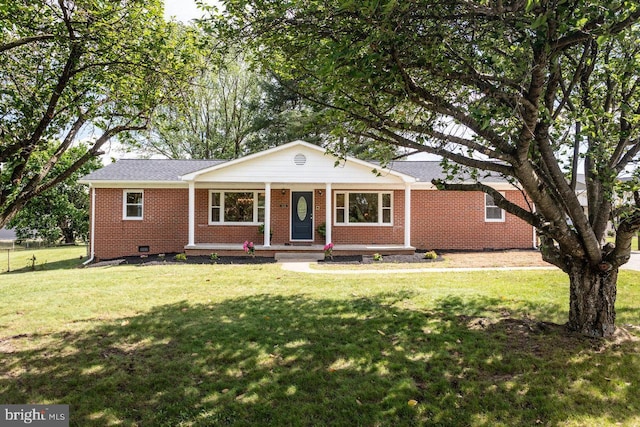 108 Wesley Chapel Dr, Edinburg, VA 22824 - single story home with a front yard, brick siding, and a porch