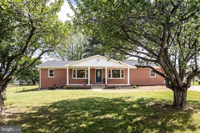 108 Wesley Chapel Dr, Edinburg, VA 22824 - ranch-style home with brick siding, covered porch, a front yard, and crawl space