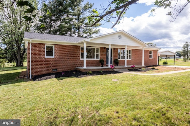108 Wesley Chapel Dr, Edinburg, VA 22824 - ranch-style house featuring brick siding, a front yard, covered porch, and crawl space