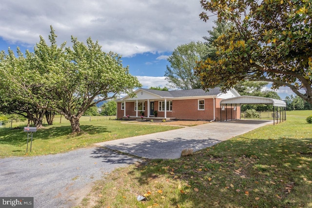 108 Wesley Chapel Dr, Edinburg, VA 22824 - view of front facade featuring driveway, brick siding, a carport, a front lawn, and covered porch