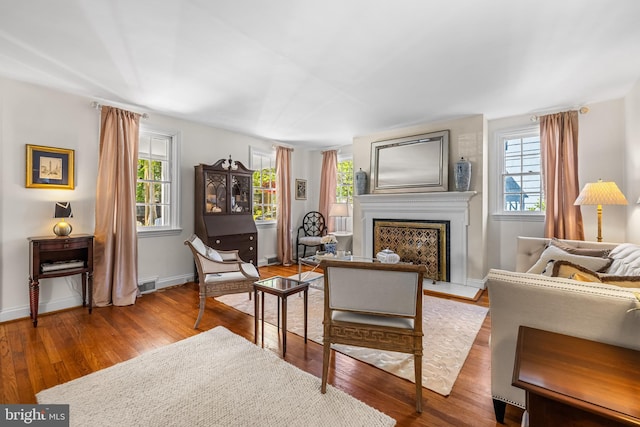 living room featuring wood finished floors, a fireplace, and baseboards