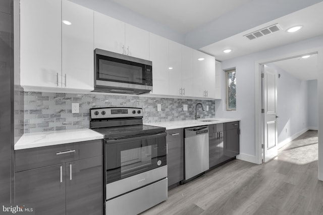 kitchen with visible vents, a sink, light wood-style floors, stainless steel appliances, and white cabinetry