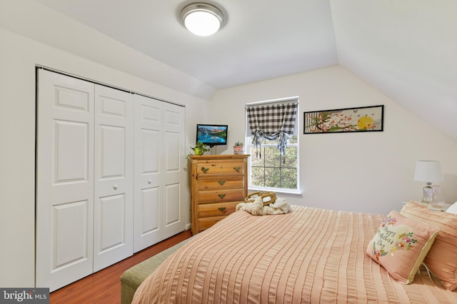bedroom featuring wood finished floors, lofted ceiling, and a closet
