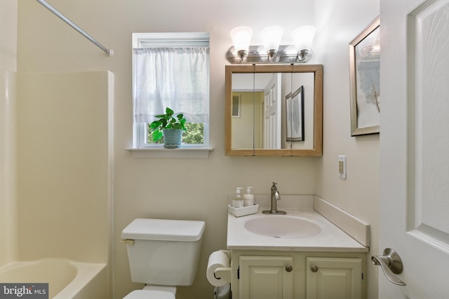 full bath with vanity, bathtub / shower combination, and toilet