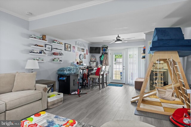 1694 Atkins Ave, Thorofare, NJ 08086 - living area with crown molding, wood finished floors, and a ceiling fan