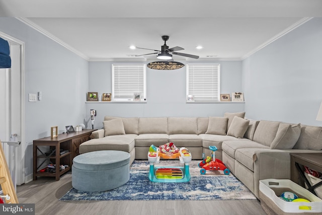1694 Atkins Ave, Thorofare, NJ 08086 - living room featuring wood finished floors, a ceiling fan, crown molding, recessed lighting, and baseboards