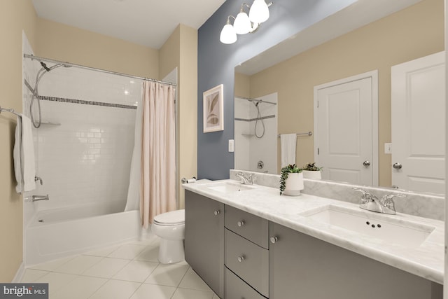 631 Regent Pl NE, Washington, DC 20017 - bathroom with tile patterned floors, shower / bath combination with curtain, toilet, and double vanity