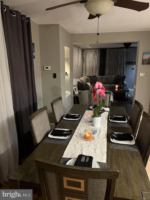 dining space with ceiling fan and wood finished floors