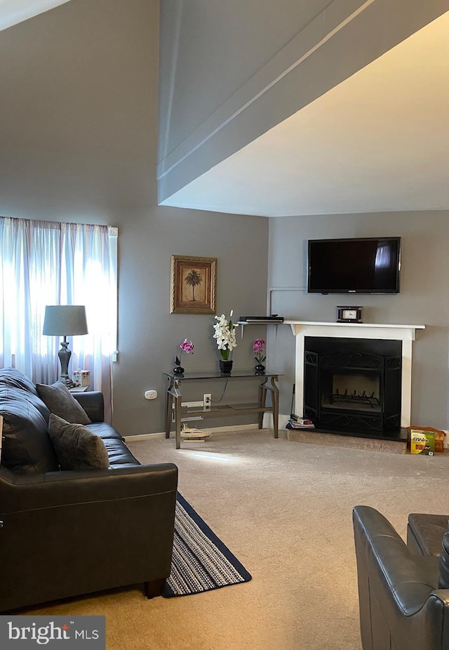 carpeted living room with a fireplace
