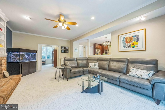 carpeted living area with a ceiling fan, crown molding, and recessed lighting