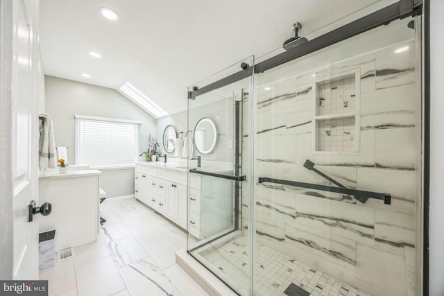 full bathroom with a marble finish shower, recessed lighting, vanity, lofted ceiling, and marble look tiles
