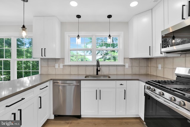 kitchen with backsplash, white cabinetry, stainless steel appliances, and a sink