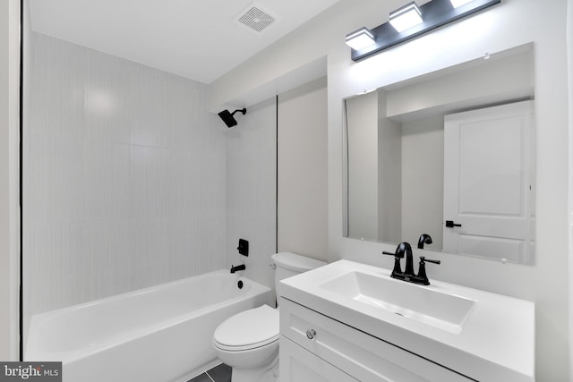 full bathroom with toilet, visible vents, vanity, and shower / bath combination